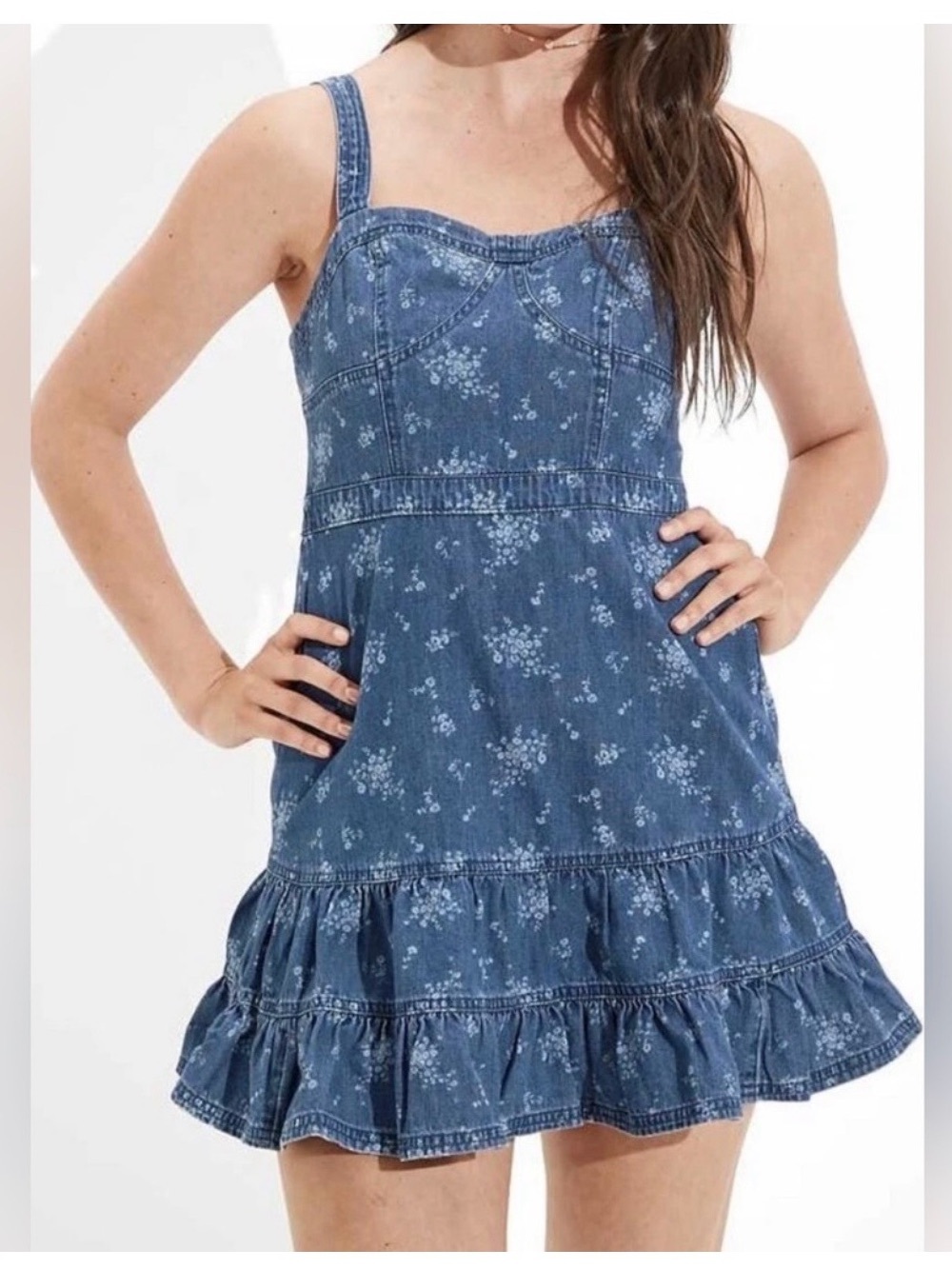 American Eagle Corset Fit and Flare Floral Print Sleeveless Denim Mini Dress XL